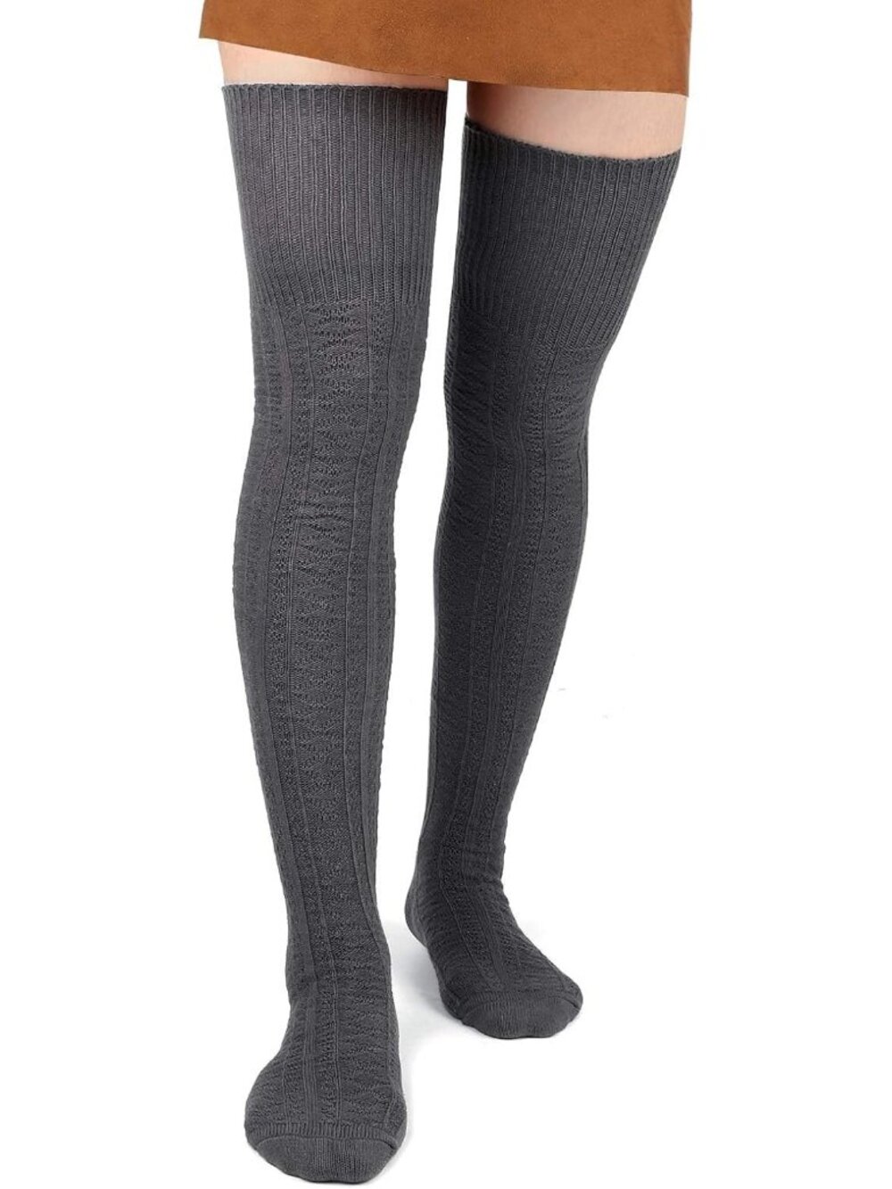 Women's Dark Grey Cotton Knit Stocking Over The Knee Thigh High Socks Boots